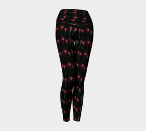 image of blooms on black yoga leggings